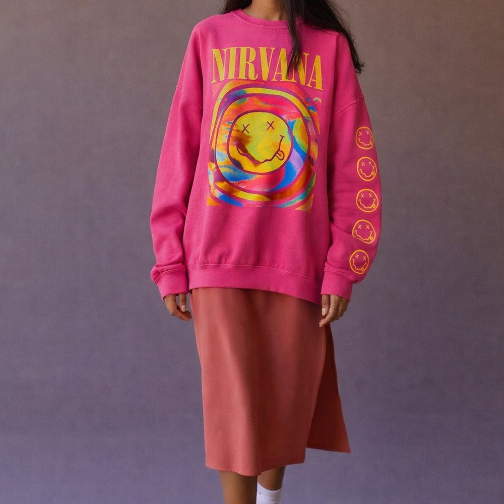 Nirvana Smile Sweatshirt Oversized Pink S/M Urban Outfitters 90s Grunge Rock - Picture 5 of 5